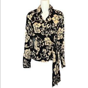Ann Taylor Womens Floral Silk Wrap Top Black Tan Size 4 Career